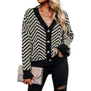 Lush Chevron Button-Front Cardigan Sweater Womens M Black Cream Oversized V-Neck